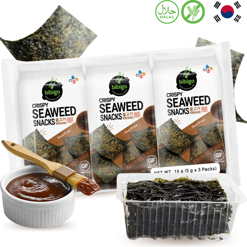 CJ BIBIGO Snack Algas Coreanas BBQ Halal Sin Gluten 5g X 3uds
