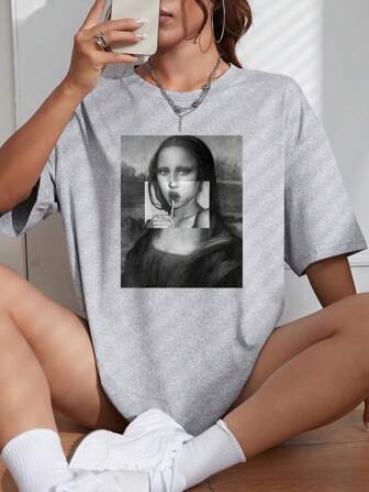 T-shirt Unisex Classic Unisex T-Shirt Gildan 5000Mona Lisa Print Drop Shoulder Tee